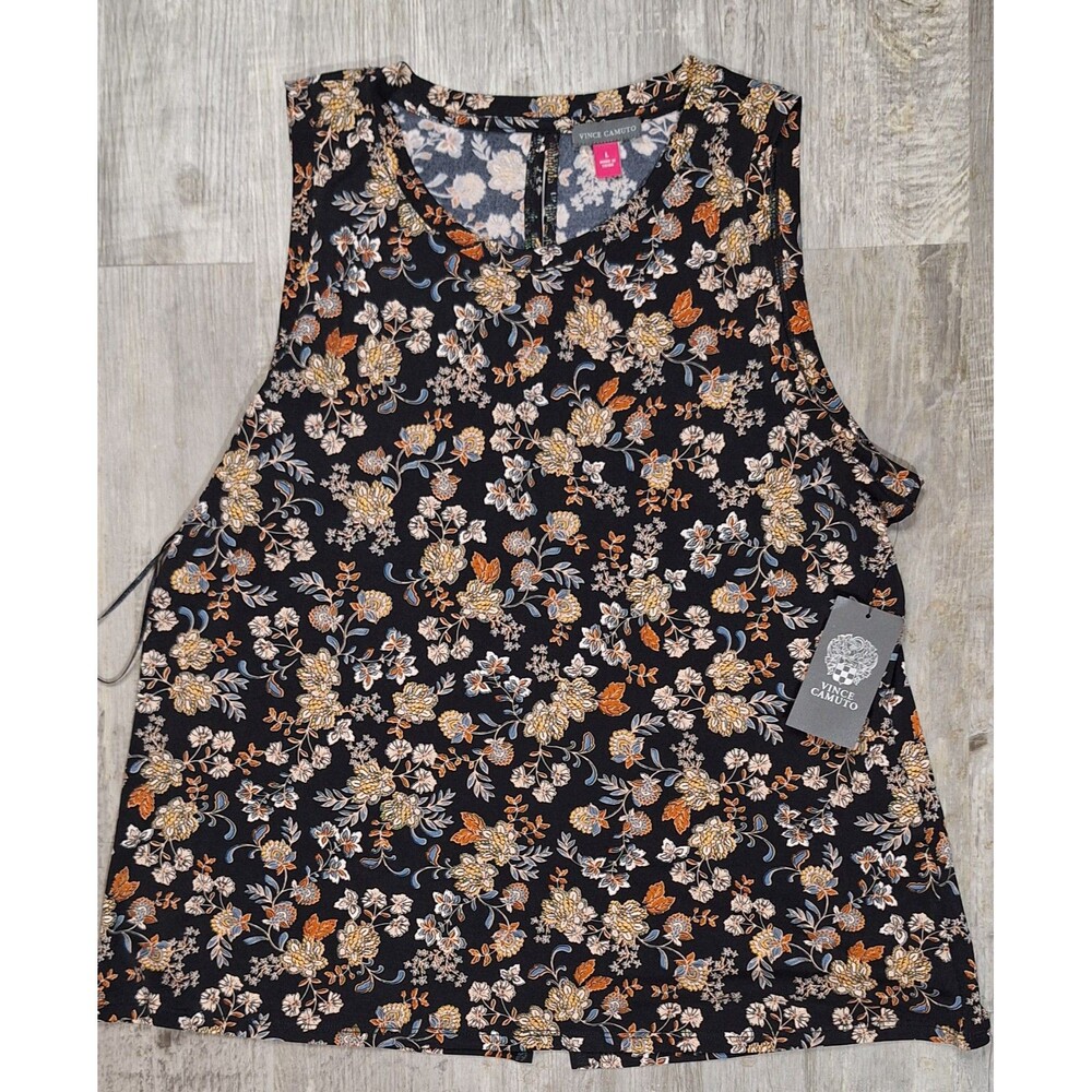 Vince Camuto Women's Large Tank Top Scoop Neck Sleeveless Black Floral Blouse